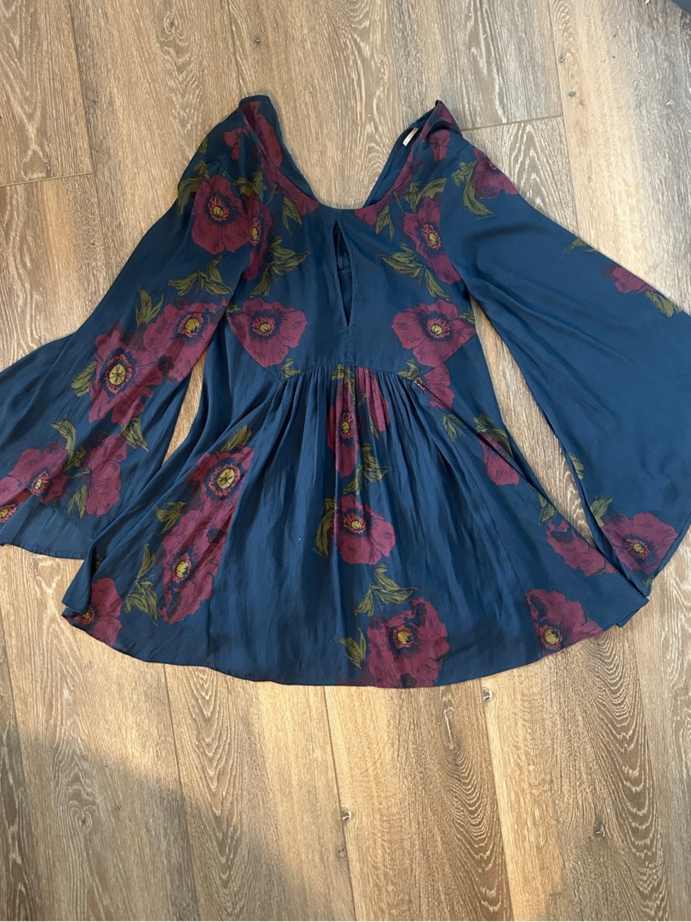 Free People Navy Floral Bell-Sleeve Tunic Maxi Dress
